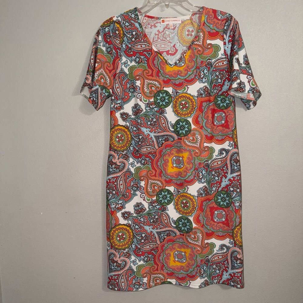 Jude Connally Dress Small Nylon Spandex Pink Red‎ Paisley Print Preppy Resort